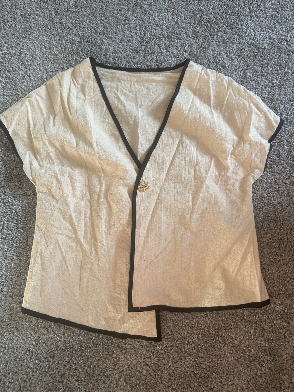 Cream Short-Sleeve Wrap Top with Black Trim